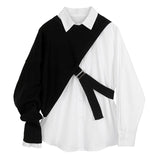 woloong  Women White Knitting Split Big Size Blouse New Lapel Long Sleeve Loose Fit Shirt Fashion Tide Spring Autumn 1DC019