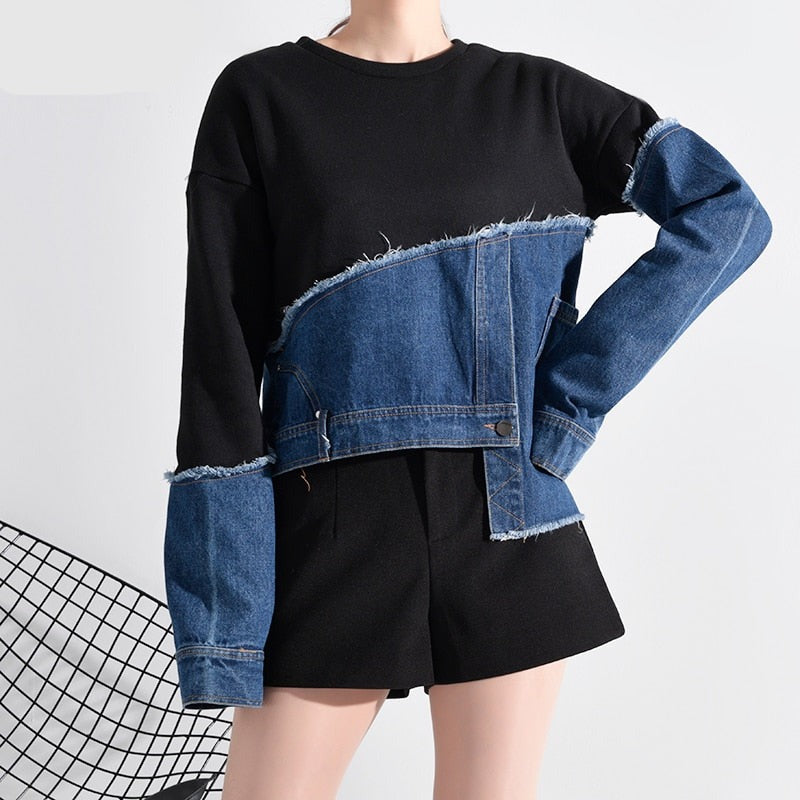 Loose Fit Denim Burr Split Asymmetrical Sweatshirt New Round Neck Long Sleeve Women Big Size Fashion Spring 1M87901
