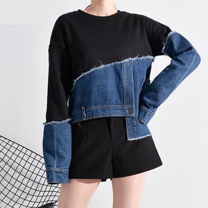 Loose Fit Denim Burr Split Asymmetrical Sweatshirt New Round Neck Long Sleeve Women Big Size Fashion Spring 1M87901
