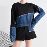 Loose Fit Denim Burr Split Asymmetrical Sweatshirt New Round Neck Long Sleeve Women Big Size Fashion Spring 1M87901