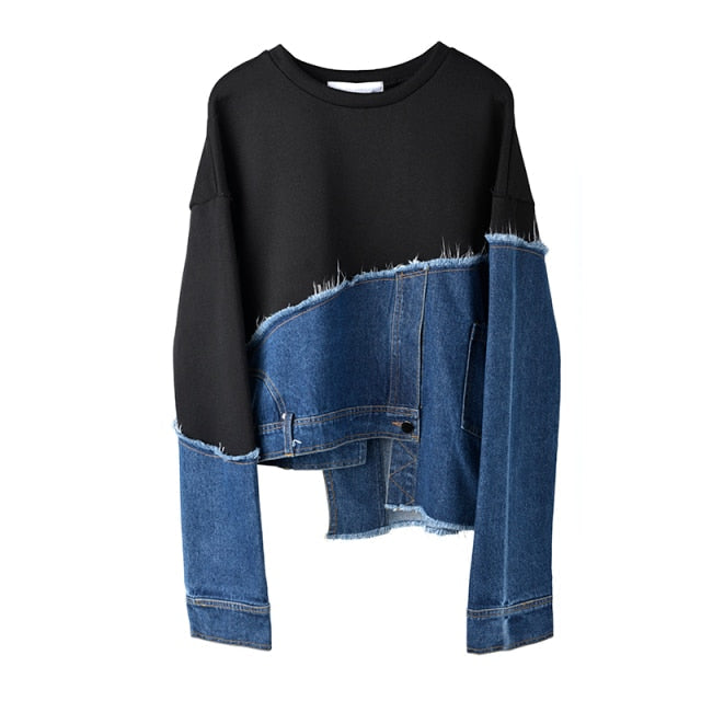 Loose Fit Denim Burr Split Asymmetrical Sweatshirt New Round Neck Long Sleeve Women Big Size Fashion Spring 1M87901