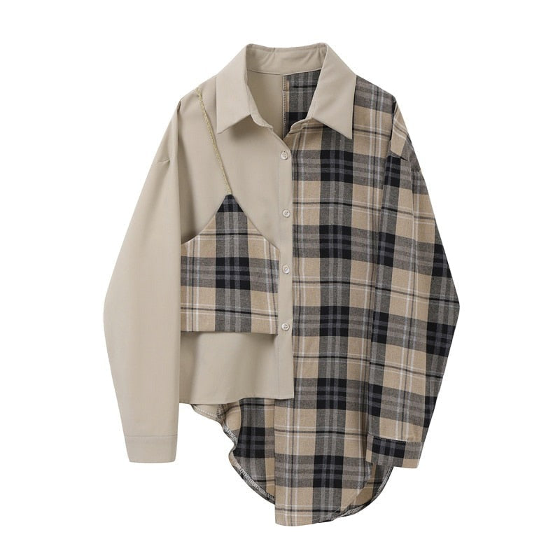 Women Plaid Irregular Split Joint Blouse New Lapel Long Sleeve Loose Fit Shirt Fashion Tide Spring Autumn 1Z091