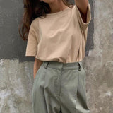 100% Cotton T Shirt Women Summer New Oversized Solid Basic Tees 9 Color Casual Loose Tshirt Korean O Neck Khaki Tops