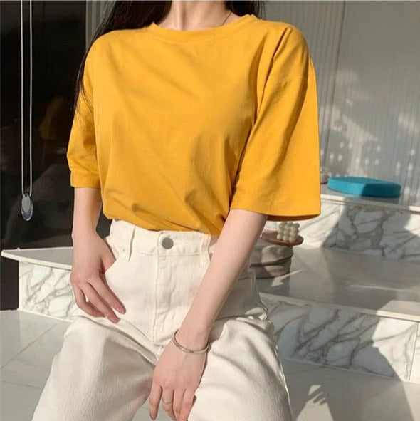 100% Cotton T Shirt Women Summer New Oversized Solid Basic Tees 9 Color Casual Loose Tshirt Korean O Neck Khaki Tops