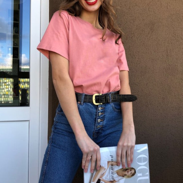 100% Cotton T Shirt Women Summer New Oversized Solid Basic Tees 9 Color Casual Loose Tshirt Korean O Neck Khaki Tops