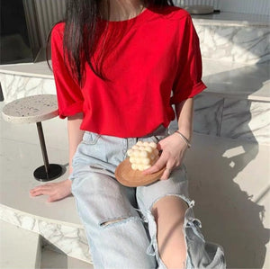 100% Cotton T Shirt Women Summer New Oversized Solid Basic Tees 9 Color Casual Loose Tshirt Korean O Neck Khaki Tops