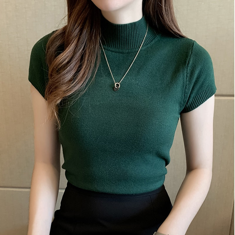 woloong Fashion Knitt Short-sleeved T-shirt Women New Half Turtleneck Stretch Knitted Tshirt Solid Casual Spring Summer Female Tops