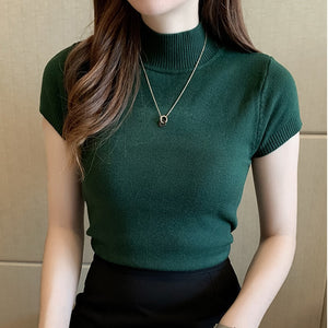woloong Fashion Knitt Short-sleeved T-shirt Women New Half Turtleneck Stretch Knitted Tshirt Solid Casual Spring Summer Female Tops