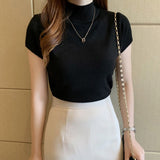 woloong Fashion Knitt Short-sleeved T-shirt Women New Half Turtleneck Stretch Knitted Tshirt Solid Casual Spring Summer Female Tops