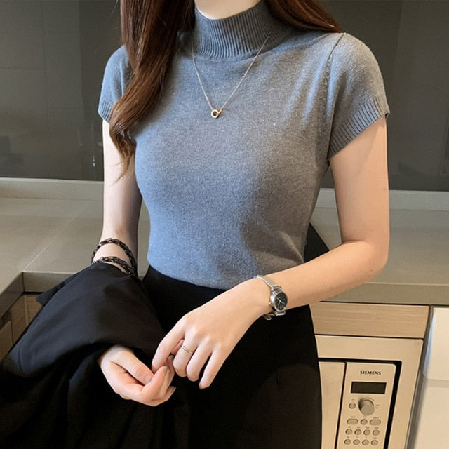 woloong Fashion Knitt Short-sleeved T-shirt Women New Half Turtleneck Stretch Knitted Tshirt Solid Casual Spring Summer Female Tops