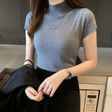 woloong Fashion Knitt Short-sleeved T-shirt Women New Half Turtleneck Stretch Knitted Tshirt Solid Casual Spring Summer Female Tops
