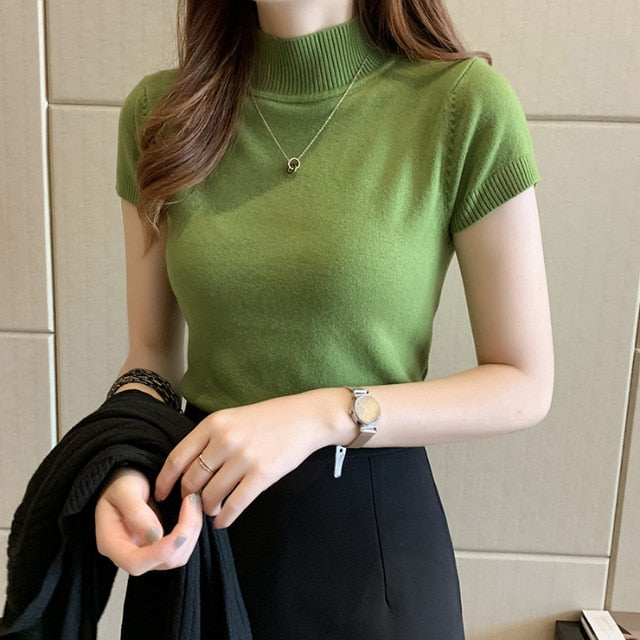 woloong Fashion Knitt Short-sleeved T-shirt Women New Half Turtleneck Stretch Knitted Tshirt Solid Casual Spring Summer Female Tops