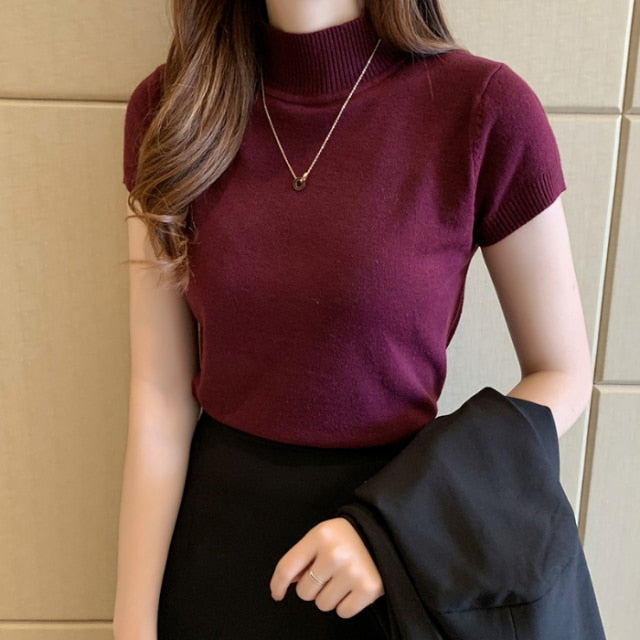 woloong Fashion Knitt Short-sleeved T-shirt Women New Half Turtleneck Stretch Knitted Tshirt Solid Casual Spring Summer Female Tops