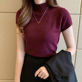 woloong Fashion Knitt Short-sleeved T-shirt Women New Half Turtleneck Stretch Knitted Tshirt Solid Casual Spring Summer Female Tops