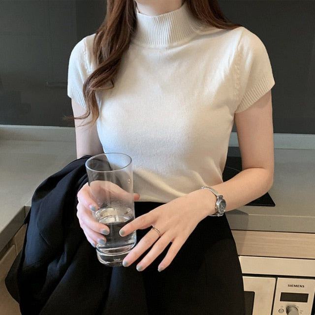 woloong Fashion Knitt Short-sleeved T-shirt Women New Half Turtleneck Stretch Knitted Tshirt Solid Casual Spring Summer Female Tops