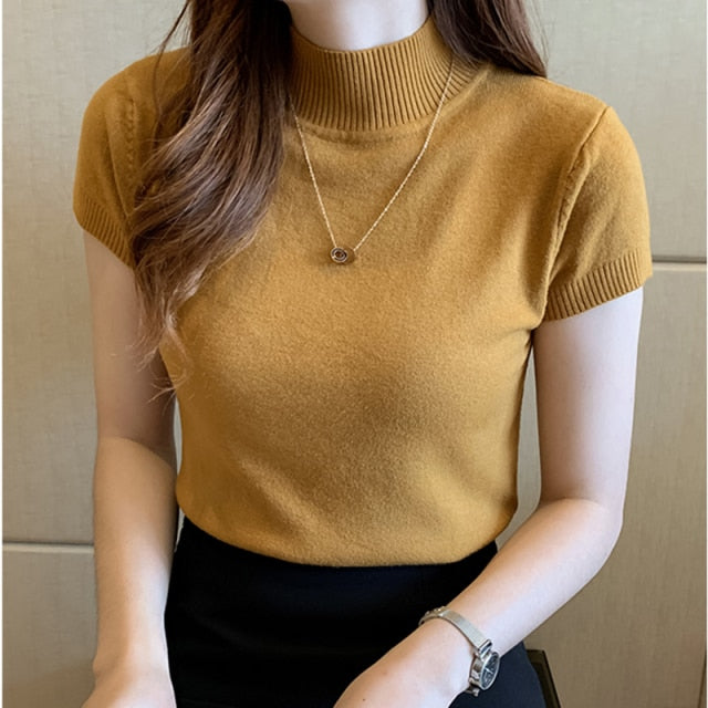 woloong Fashion Knitt Short-sleeved T-shirt Women New Half Turtleneck Stretch Knitted Tshirt Solid Casual Spring Summer Female Tops