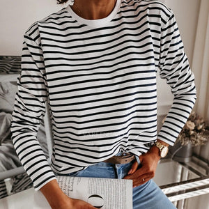 Women Black And White Stripes O Neck Casual Tops Long Sleeve Loose Pullover T-shirt Srping New Fashion Korea Shirt
