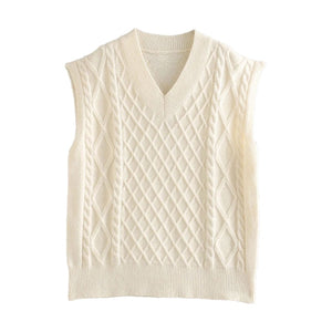 woloong New Spring Winter Women Cable-Knit Sweater Vest Oversized V-Neck Woman Sweaters Casual Fashion Elegant Lady Pullover Tops
