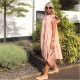 New Summer Solid Color Women Dress Short Sleeve Loose Chic Pleated Dress Beach Casual White Black Pink Dress Lady Vestidos