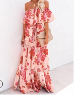 woloong Floral Print Dress Slim Sexy Off The Shoulder Long Dress Irregular Female Streetwear New Dress Casual Autumn And Winter
