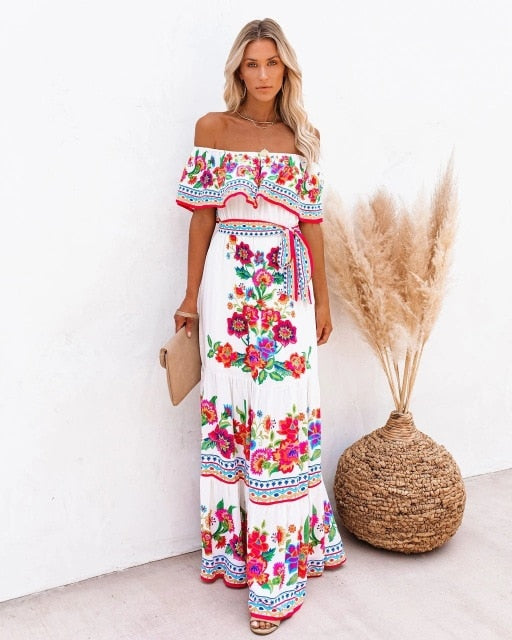 woloong Floral Print Dress Slim Sexy Off The Shoulder Long Dress Irregular Female Streetwear New Dress Casual Autumn And Winter