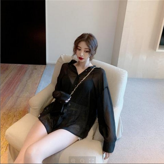 Blouses Women Summer Shirts Thin Loose See-through Sunscreen Pure Long Sleeve Sexy Womens Chiffon Korean Female New Fashion Tops