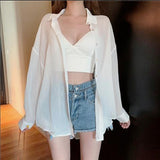 Blouses Women Summer Shirts Thin Loose See-through Sunscreen Pure Long Sleeve Sexy Womens Chiffon Korean Female New Fashion Tops