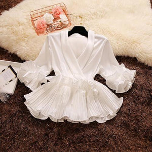 woloong Spring and Summer New Female Deep V-neck Ruffles Lace Up Stain Shirt Women's Three Quarter Sleeve Shirts Women Blouses