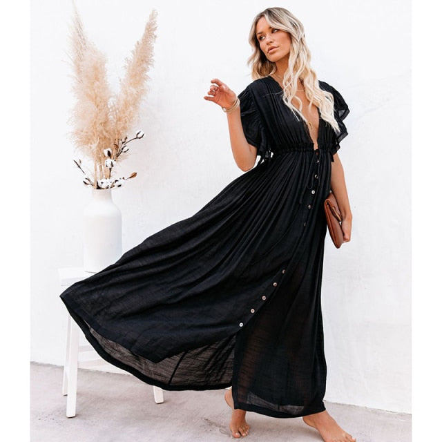 White Cover-ups Bikini Cover up Kaftan Women Long Maxi Dress Solid V neck Ladies Holiday Dress Robe Plage Tunic Women Beachwear