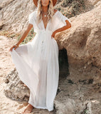 White Cover-ups Bikini Cover up Kaftan Women Long Maxi Dress Solid V neck Ladies Holiday Dress Robe Plage Tunic Women Beachwear