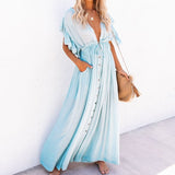 White Cover-ups Bikini Cover up Kaftan Women Long Maxi Dress Solid V neck Ladies Holiday Dress Robe Plage Tunic Women Beachwear