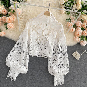 woloong Newest Spring Autumn Sexy Lace Shirt Hollow Out Lantern Stand Collar Short Blouse Women Elegant Casual  Loose Tops Blusas