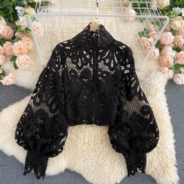 woloong Newest Spring Autumn Sexy Lace Shirt Hollow Out Lantern Stand Collar Short Blouse Women Elegant Casual  Loose Tops Blusas