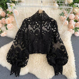 woloong Newest Spring Autumn Sexy Lace Shirt Hollow Out Lantern Stand Collar Short Blouse Women Elegant Casual  Loose Tops Blusas