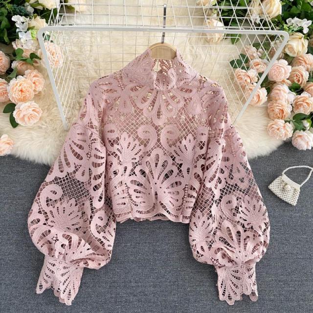 woloong Newest Spring Autumn Sexy Lace Shirt Hollow Out Lantern Stand Collar Short Blouse Women Elegant Casual  Loose Tops Blusas