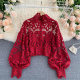 woloong Newest Spring Autumn Sexy Lace Shirt Hollow Out Lantern Stand Collar Short Blouse Women Elegant Casual  Loose Tops Blusas