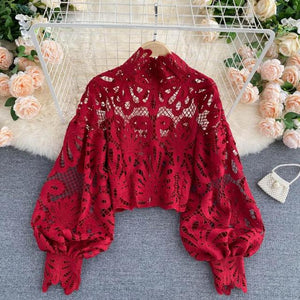 woloong Newest Spring Autumn Sexy Lace Shirt Hollow Out Lantern Stand Collar Short Blouse Women Elegant Casual  Loose Tops Blusas
