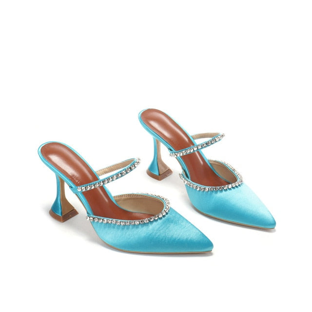 woloong Summer New Pointed Toe Rhinestone Sequined Stiletto Slippers Leopard Print Baotou Half Drag Sandals