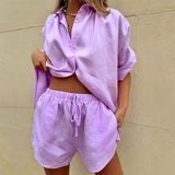 woloong Casual Womem Yellow Lounge Wear Summer Tracksuit Shorts Set Long Sleeve Shirt Tops And Mini Shorts Suit  New Two Piece Set