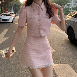 goosudu High quality summer Tweed two Piece Set Women Crop Top Jacket Coat + Mini Skirt Sets Female 2 Piece Suits ensemble femme