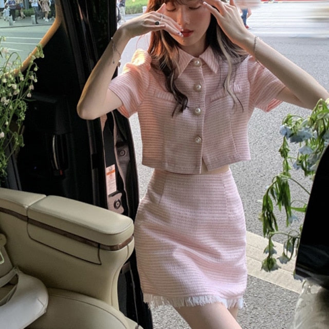 goosudu High quality summer Tweed two Piece Set Women Crop Top Jacket Coat + Mini Skirt Sets Female 2 Piece Suits ensemble femme