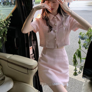 goosudu High quality summer Tweed two Piece Set Women Crop Top Jacket Coat + Mini Skirt Sets Female 2 Piece Suits ensemble femme
