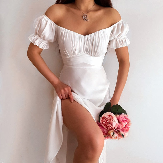 Summer's New Solid-colored Simple One-word Shoulder-length Skirt Summer Slash Neck  Puff Sleeve  Dresses for Women