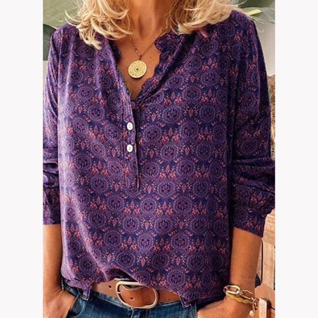 New Spring Blouses Women Vintage Print Shirt Long Sleeve Button Loose Oversized V-Neck Plus Size Casual Tops Autumn Clothes