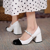 woloong European and American spring new women's high-heeled shoes with metal chain decoration square heel shoes