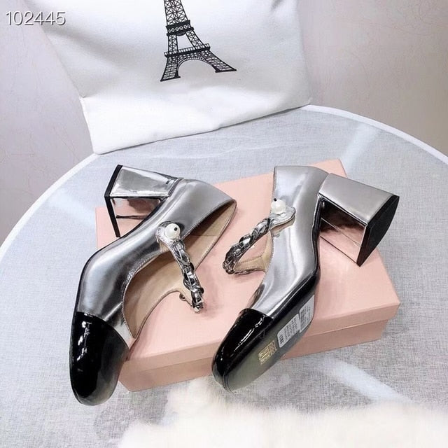 woloong European and American spring new women's high-heeled shoes with metal chain decoration square heel shoes