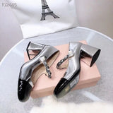 woloong European and American spring new women's high-heeled shoes with metal chain decoration square heel shoes