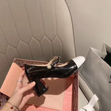 woloong European and American spring new women's high-heeled shoes with metal chain decoration square heel shoes