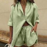 woloong Casual Womem Yellow Lounge Wear Summer Tracksuit Shorts Set Long Sleeve Shirt Tops And Mini Shorts Suit  New Two Piece Set