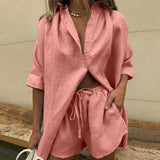 woloong Casual Womem Yellow Lounge Wear Summer Tracksuit Shorts Set Long Sleeve Shirt Tops And Mini Shorts Suit  New Two Piece Set